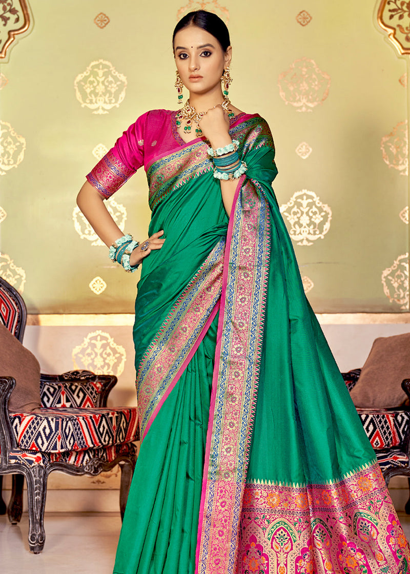 Pine Green and Pink Zari Woven Banarasi Soft Silk Saree