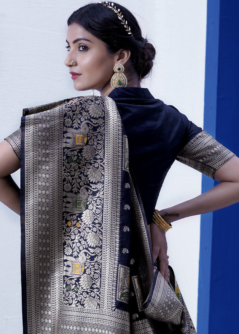 Malai Silk banarasi saree with Meena booti - Navy Blue | Benarasi Saree |  Chiro's By Jigyasa