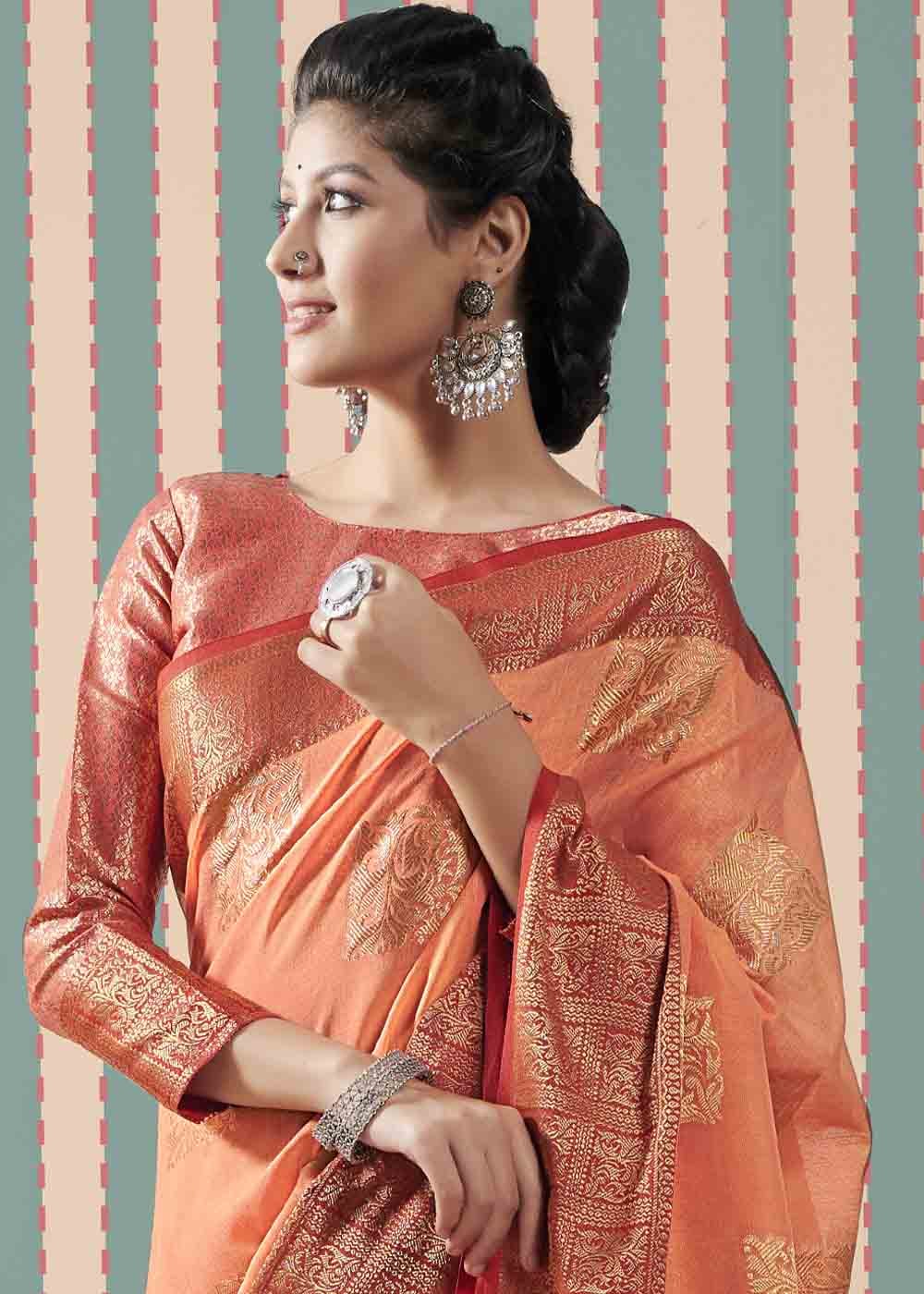 Buy MySilkLove Raw Orange Zari Woven Linen Saree Online