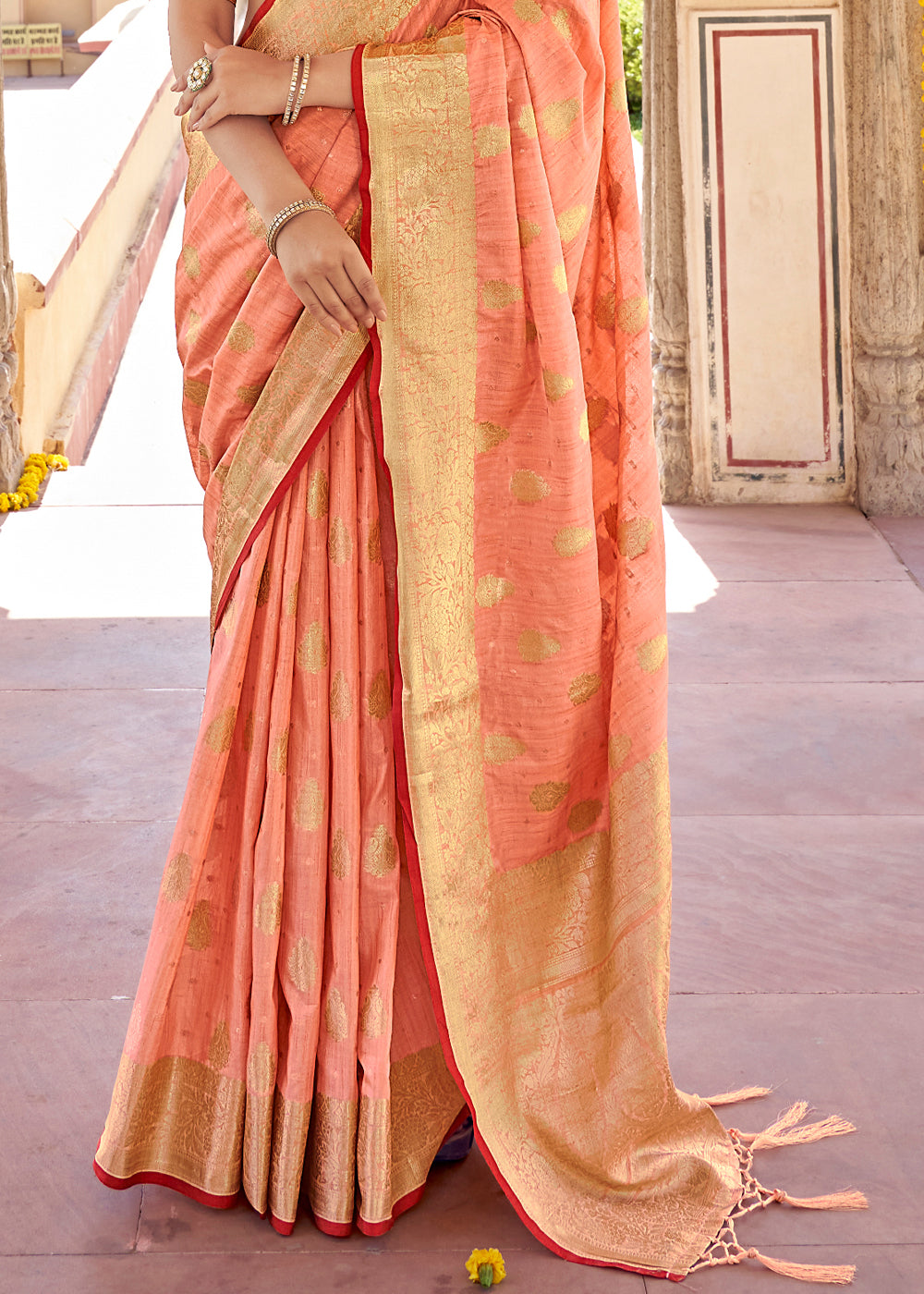 Buy MySilkLove Sienna Peach Zari Woven Banarasi Linen Saree Online