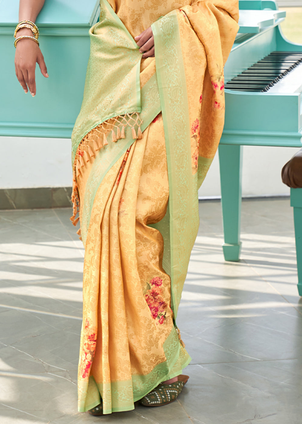 Buy MySilkLove Brulee Yellow Banarasi Jacquard Printed Saree Online