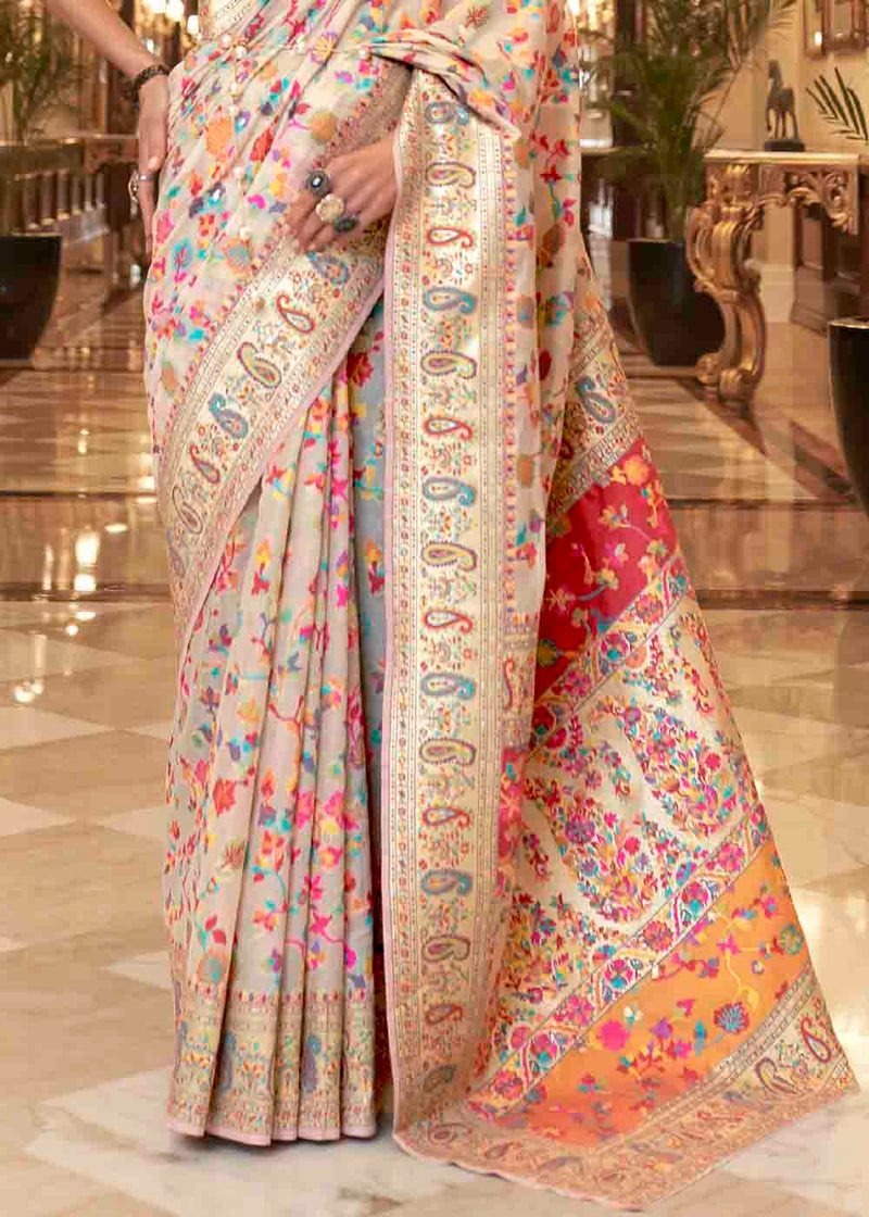 Cashmere Cream Banarasi Jamawar Woven Silk Saree