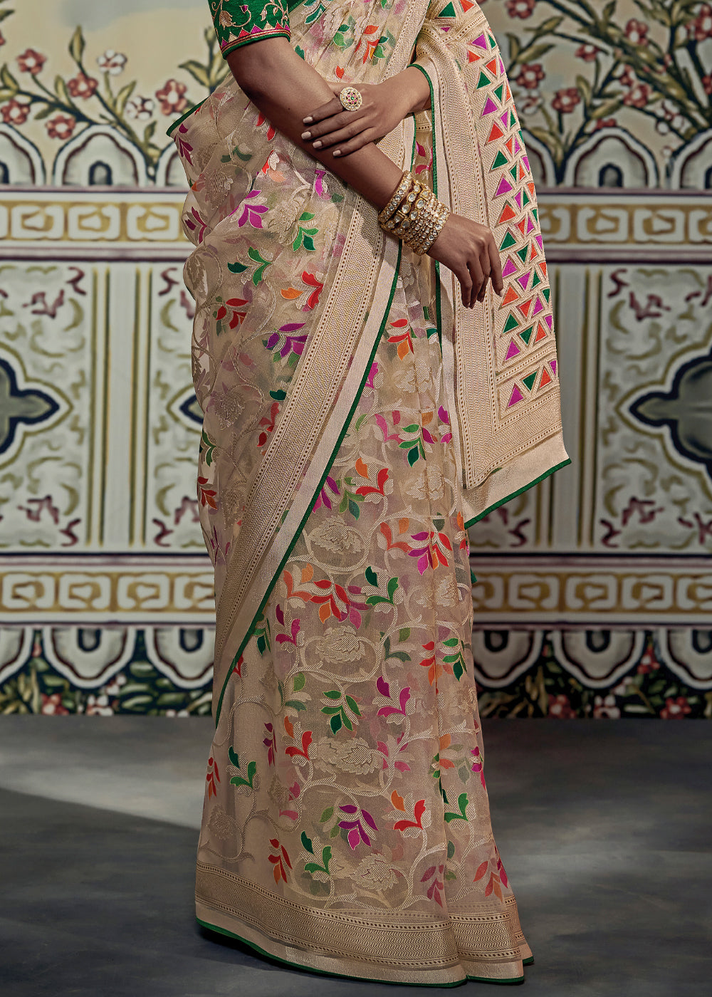 Buy MySilkLove Rodeo Dust Cream and Green Woven Soft Silk Saree with Embroidered Blouse Online