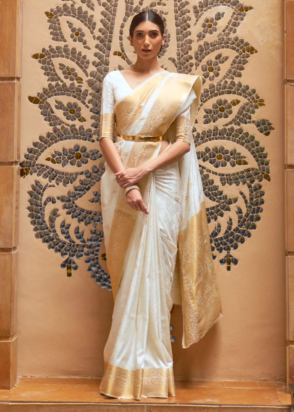 Swiss Coffee White Zari Woven Kanjivaram Saree in off-white with gold zari border, a moonlight-ready look for Sharad Purnima 2026