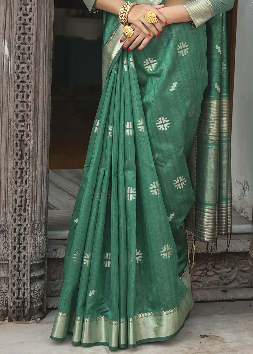 Buy MySilkLove Polished Green Zari Woven Tussar Silk Saree Online