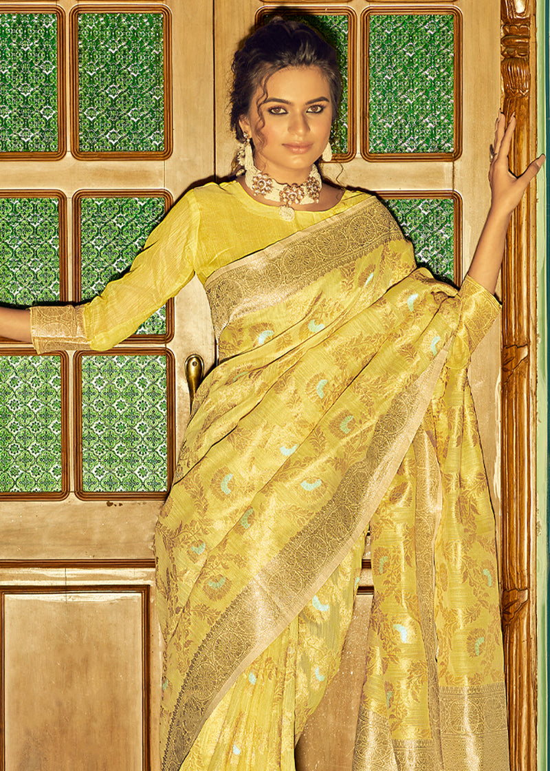 Pearl Yellow Zari Woven Banarasi Linen Saree