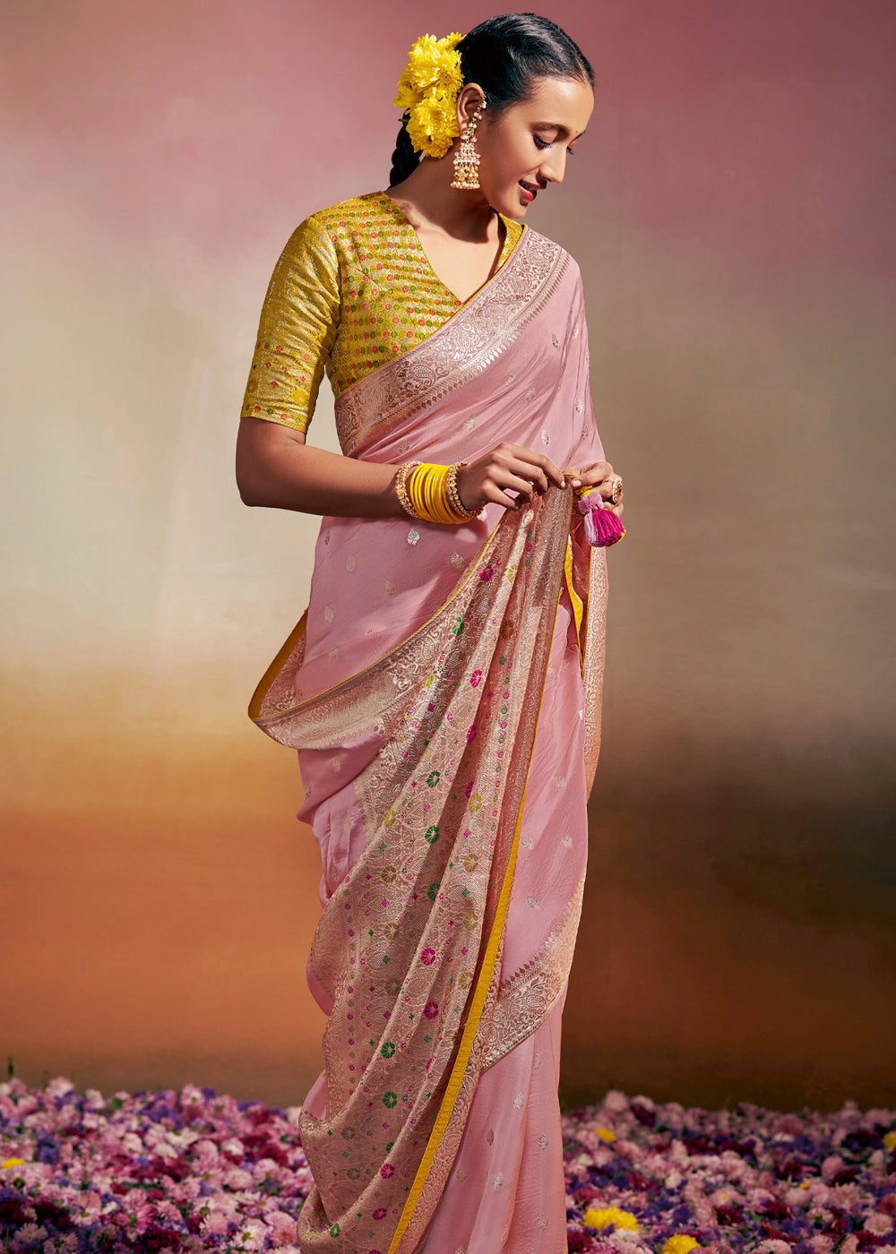 Buy MySilkLove Azalea Pink and Yellow Woven Banarasi Soft Silk Saree Online