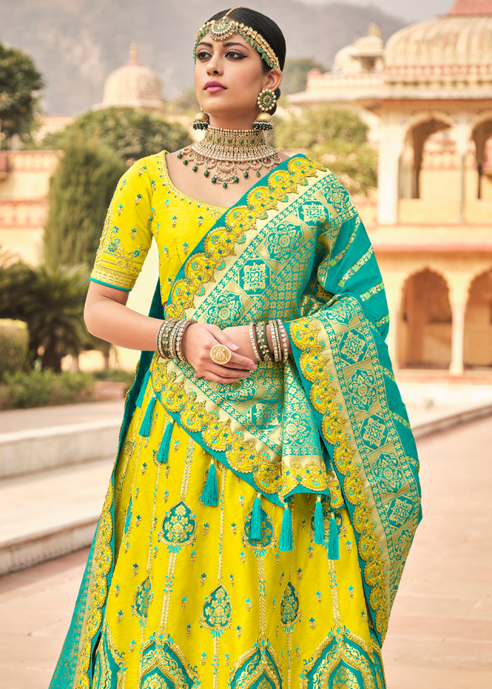 Buy MySilkLove Lemon Yellow and Blue Heavy Designer Embroidered Lehenga Online