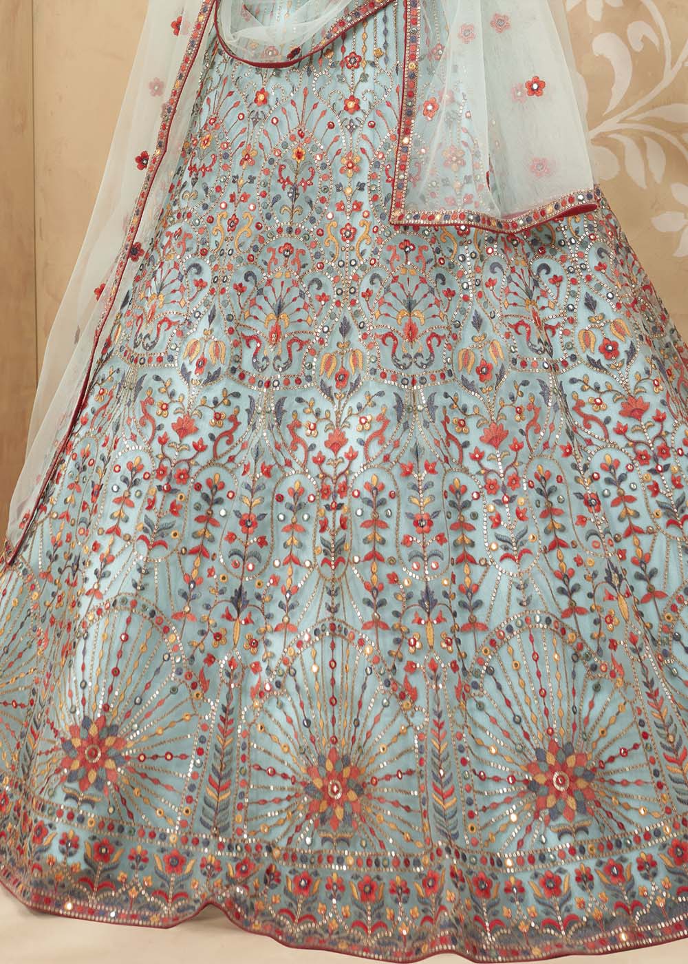 Buy MySilkLove Celeste Blue Designer Net Lehenga with Multi Thread Embroidery Work Online