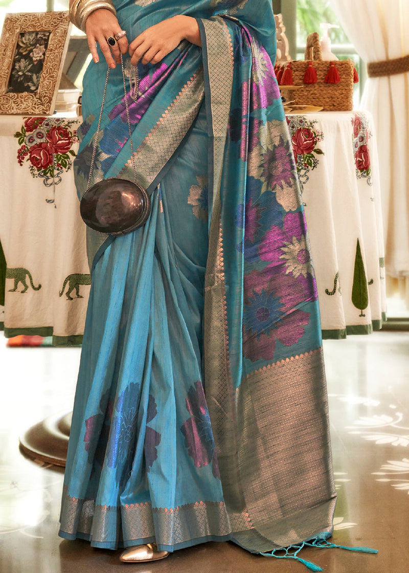 Womens Silk Blend Woven Design Handloom Sky Blue Saree