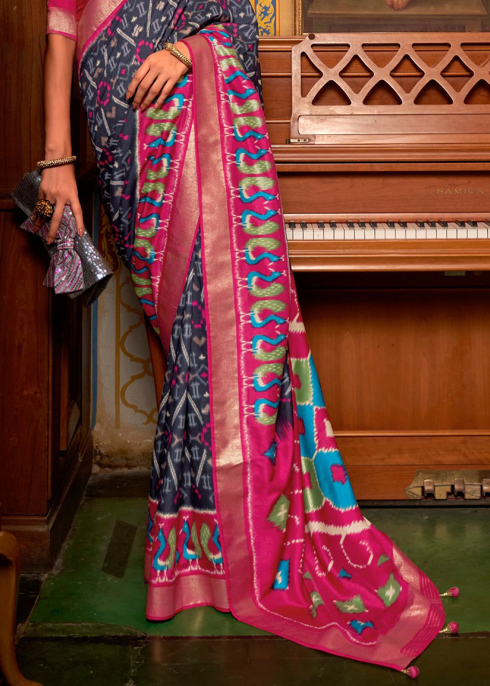 Buy MySilkLove Trout Blue and Pink Patola Silk Saree Online