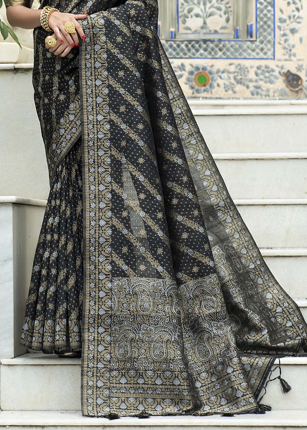 Buy MySilkLove Metal Black Zari Woven Tussar Silk Saree Online