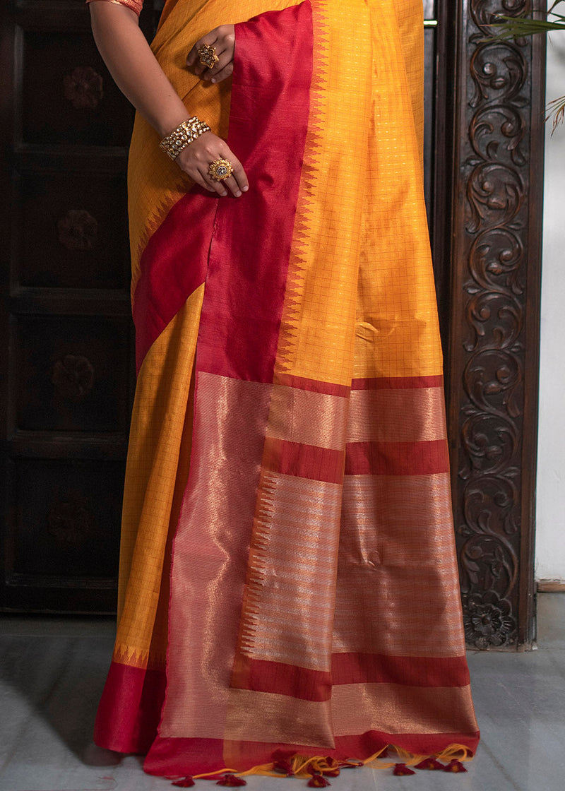 Yellow Orange and Red Zari Woven South Silk Saree