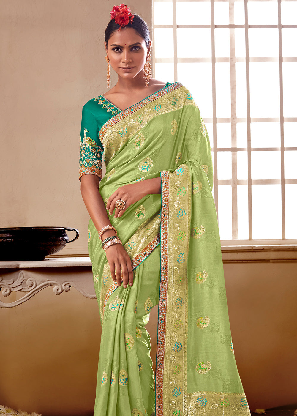 Buy MySilkLove Green Smoke Banarasi Saree with Designer Blouse Online