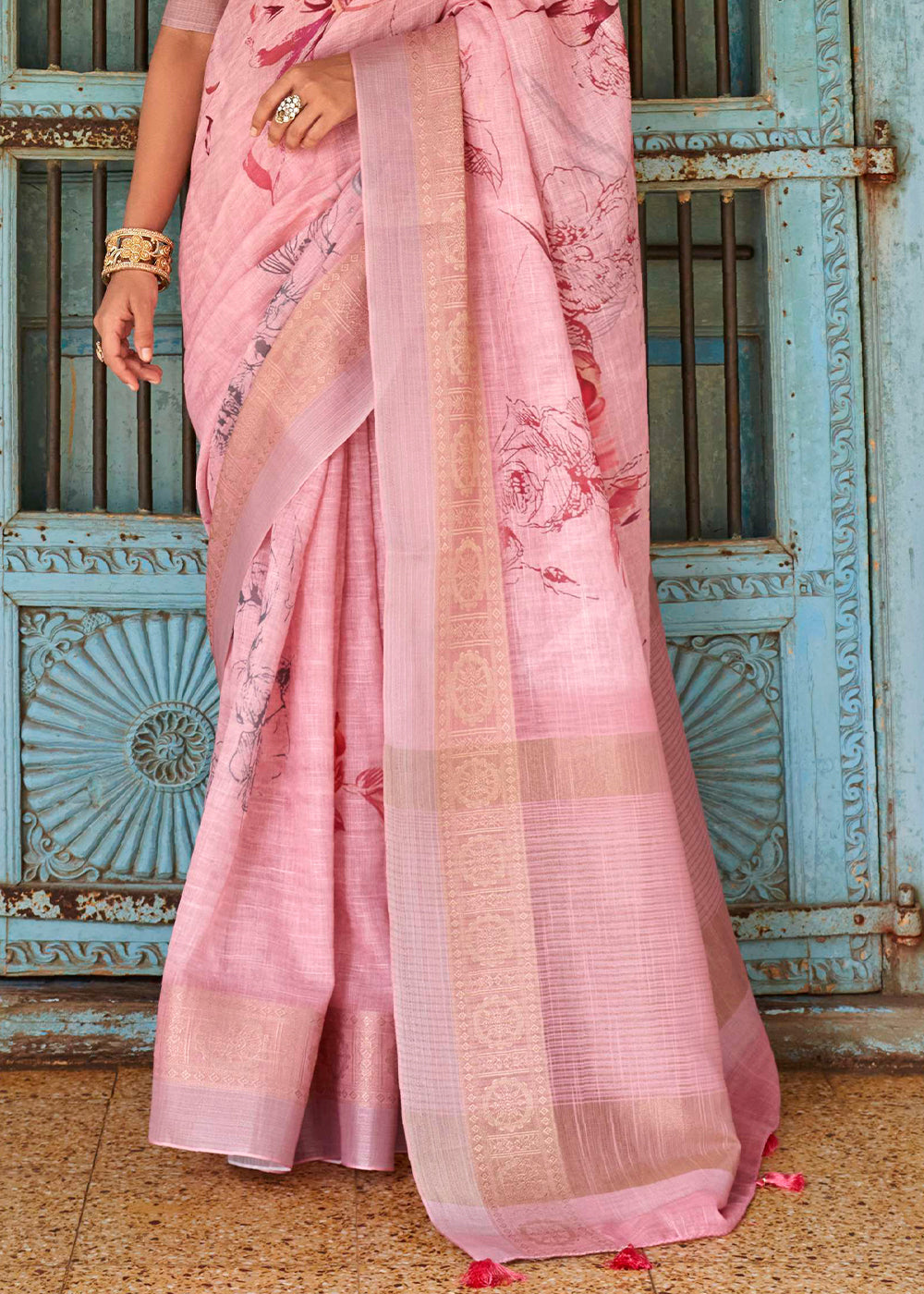 Buy MySilkLove Pastel Pink Floral Printed Linen Silk Saree Online