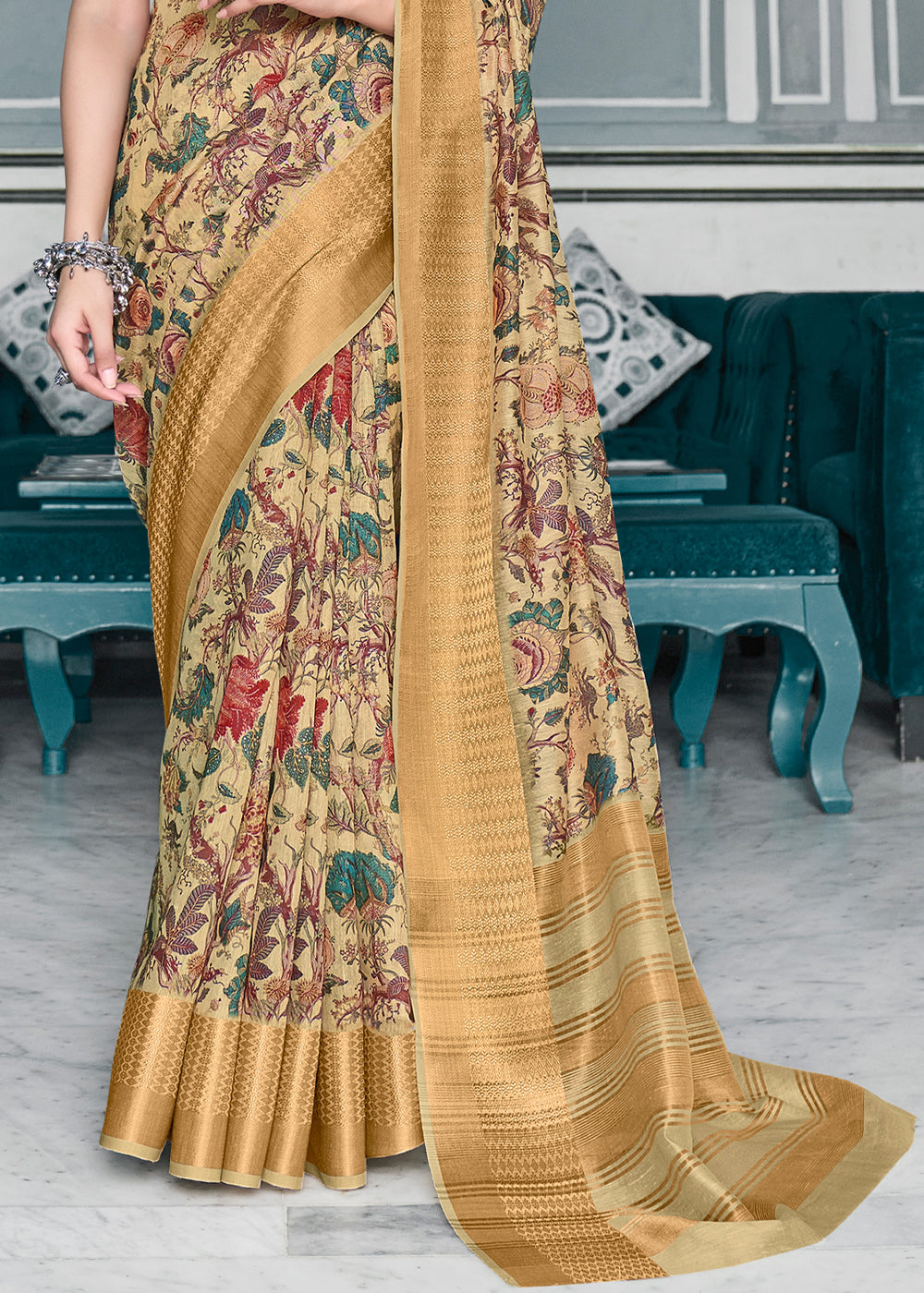 Buy MySilkLove Maize Yellow Banarasi Printed Saree Online