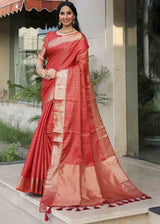 Mojo Red Zari Woven Banarasi Soft Silk Saree