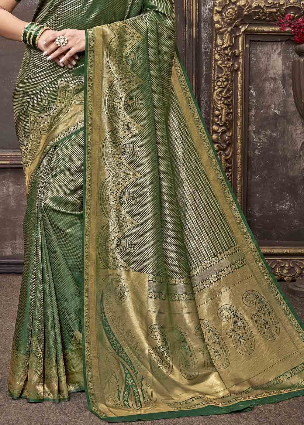 Buy MySilkLove Siam Green Zari Woven Tissue Kanjivaram Saree Online