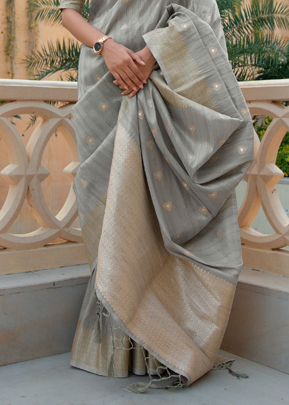 Buy MySilkLove Delta Grey Zari Woven Tussar Silk Saree Online