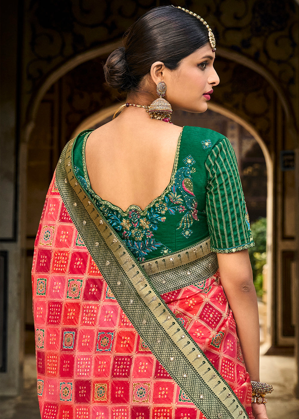 Buy MySilkLove Mandy Red and Green Patola Printed Dola Silk Saree With Embroidered Blouse Online