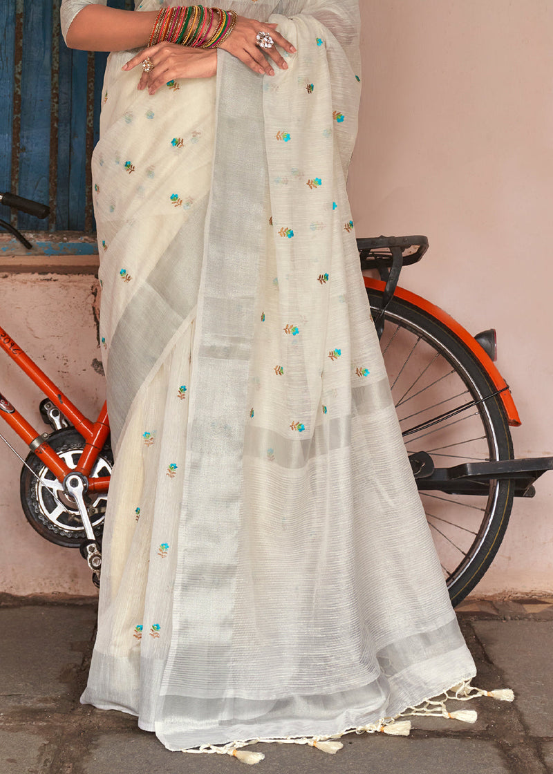 Pearl White Floral Embroidered Linen Saree