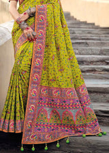 Turmeric Green and Pink Banarasi Saree with Kachhi,Mirror and Diamond Work