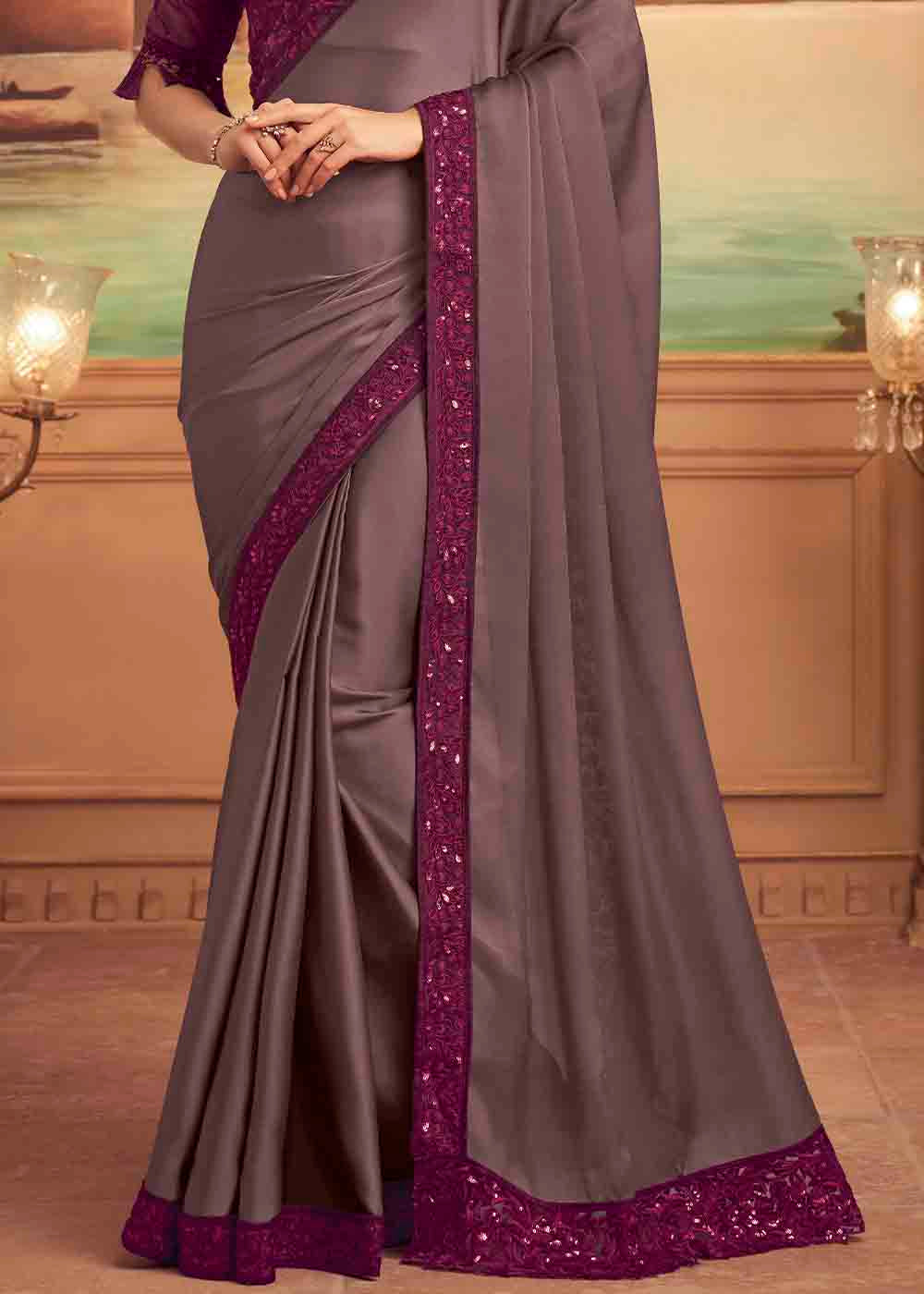 Buy MySilkLove Ferra Grey Purple Embroidered Satin Silk Designer Saree Online