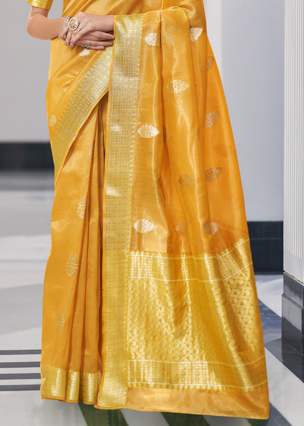 Buy MySilkLove Saffron Yellow Zari Woven Tissue Banarasi Silk Saree Online