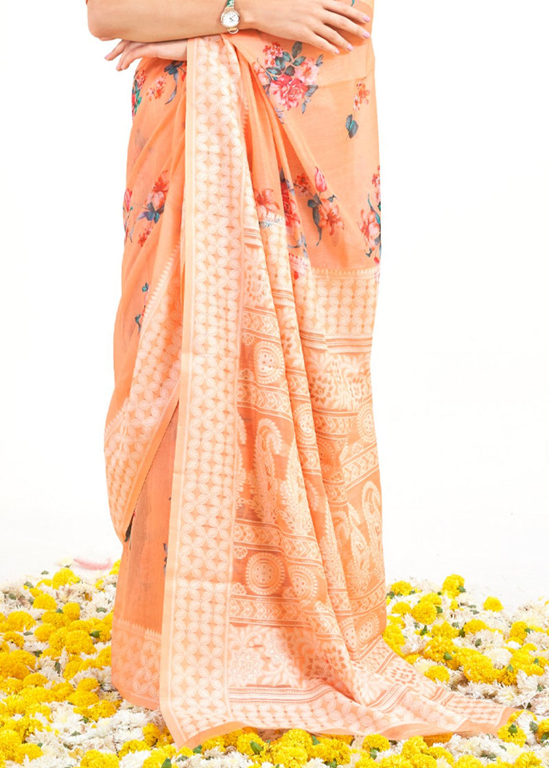 Flesh Light Orange Zari Woven Digital Printed Linen Saree