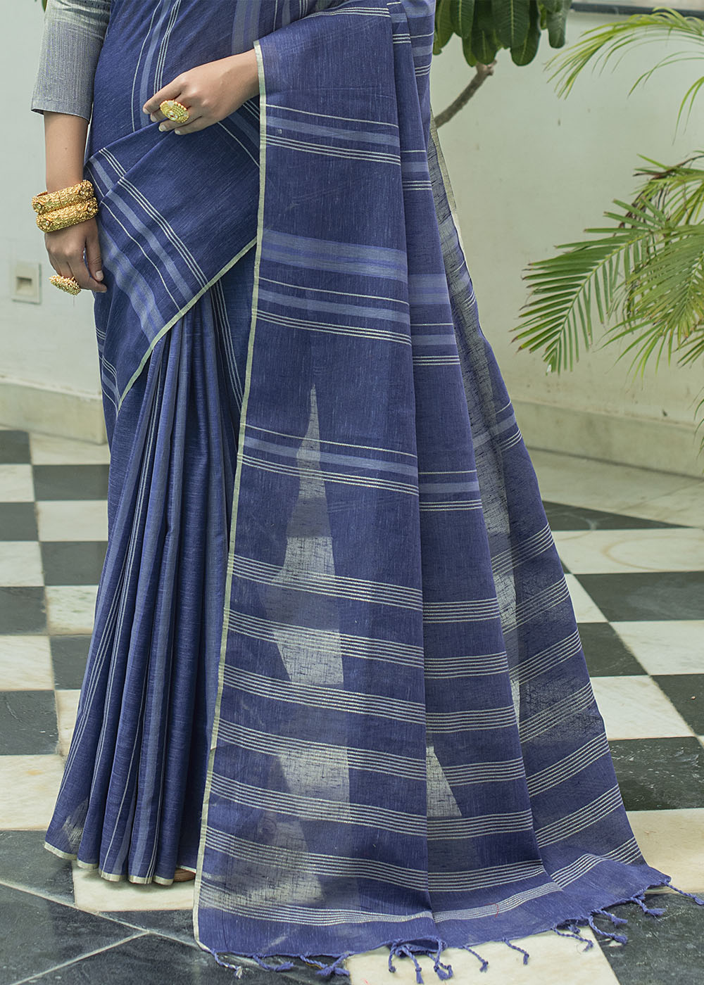 Buy MySilkLove San Juan Blue Zari Woven Striped Linen Saree Online