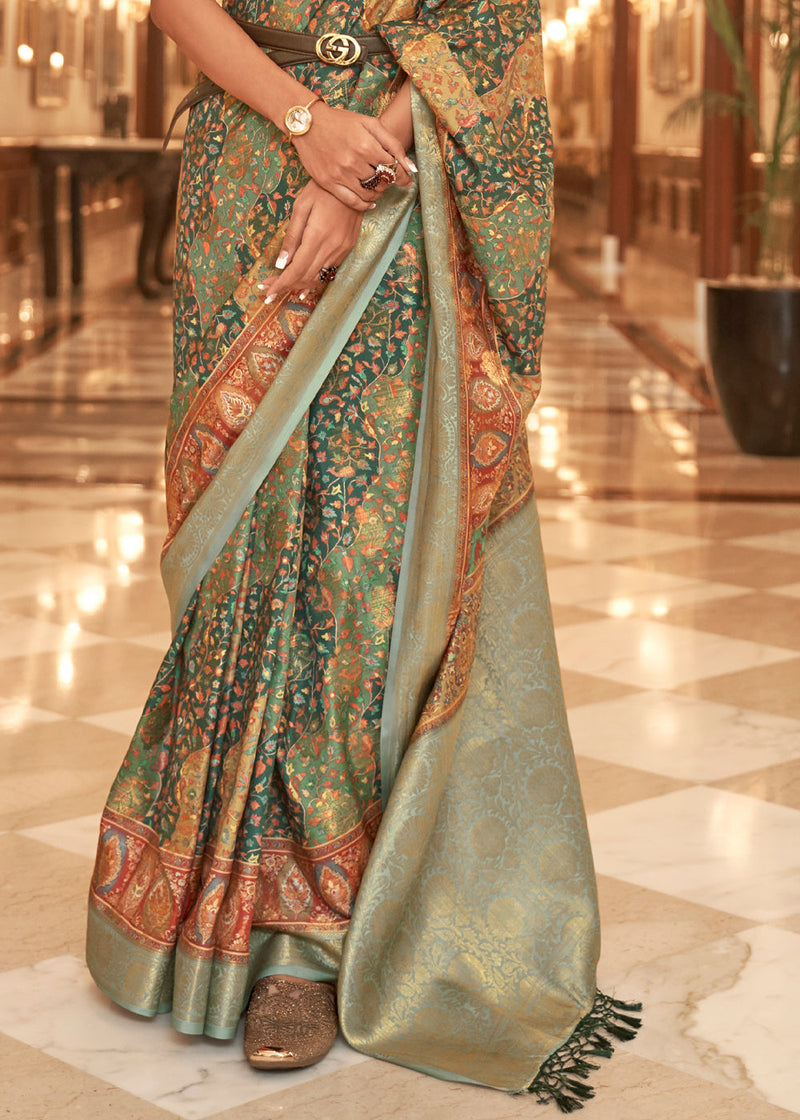 Tallow Green Banarasi Digital Kanni Printed Silk Saree