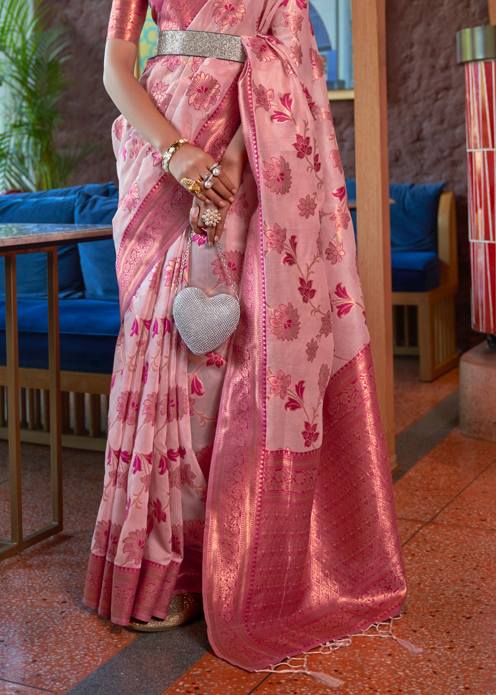 Buy MySilkLove Shilo Pink Bronze Zari Organza Woven Silk Saree Online