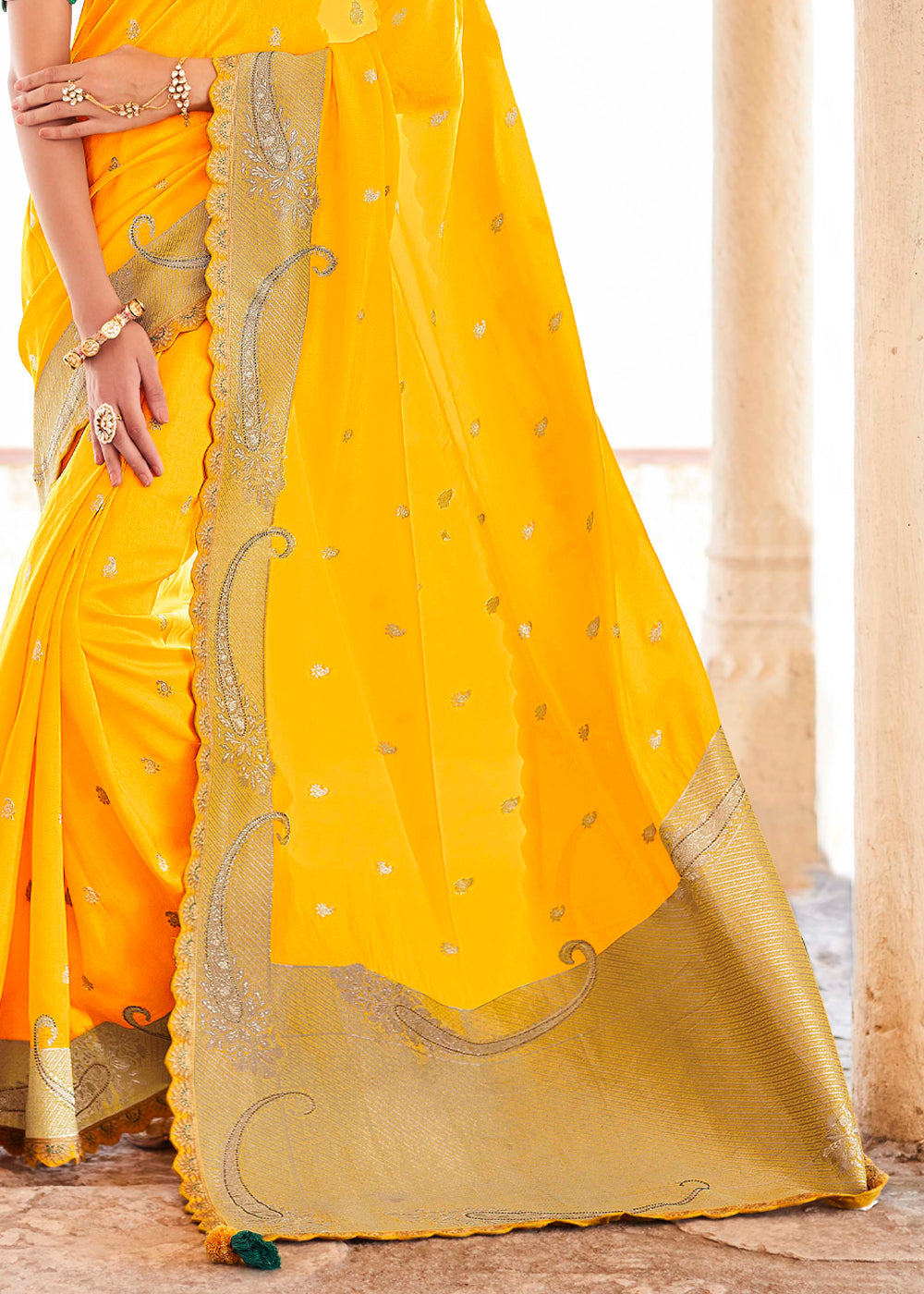 Buy MySilkLove Paris Yellow and Green Zari Woven Designer Banarasi Saree Online