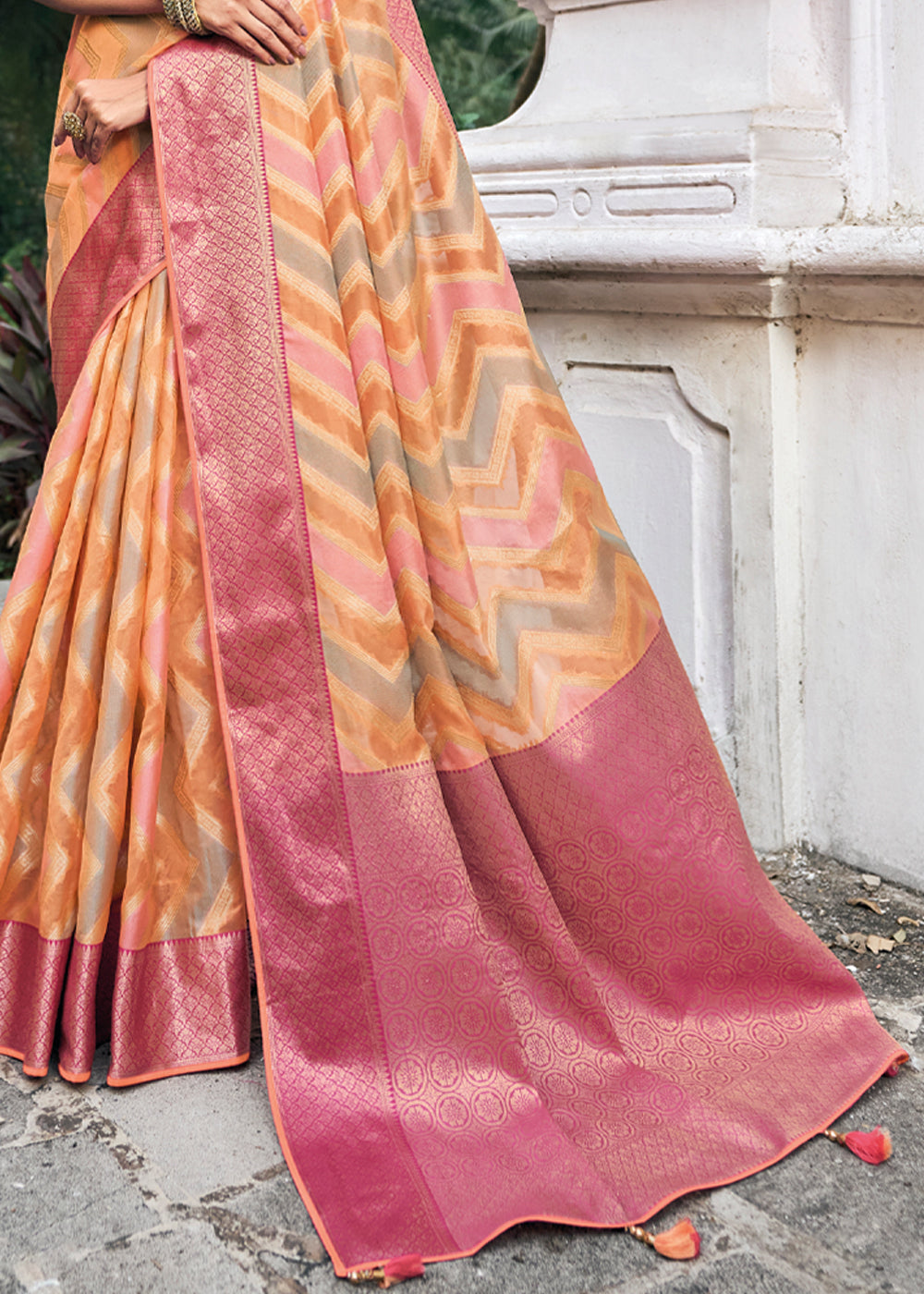 Wewak Pink and Orange Woven Organza Banarasi Silk Saree