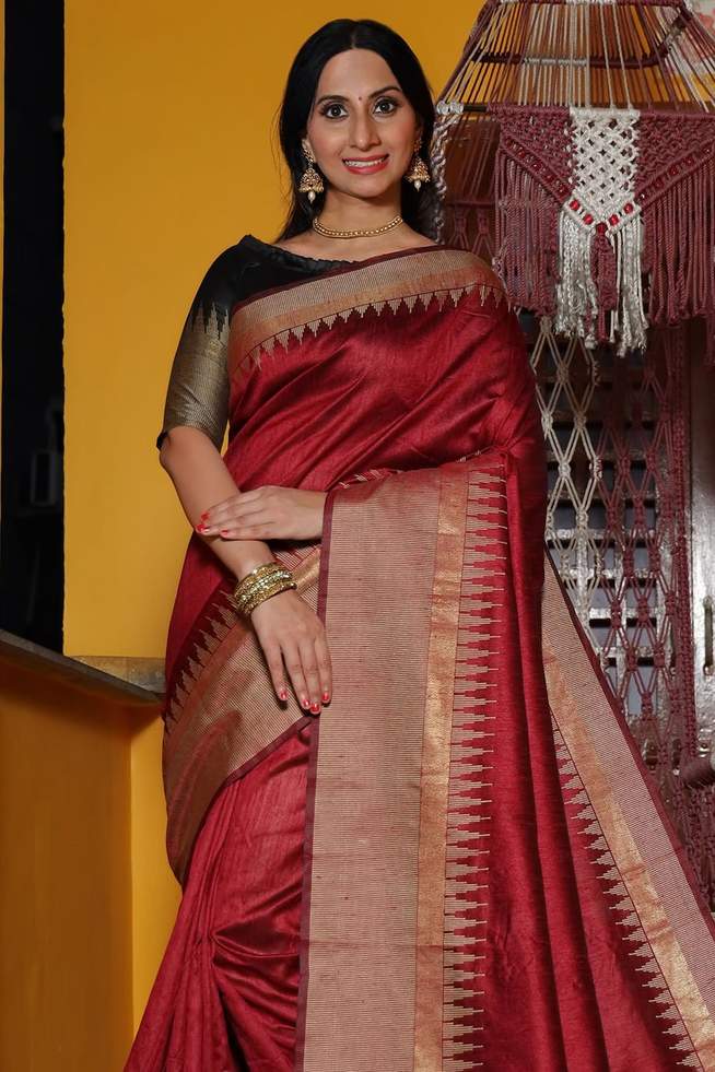 Burnt Umber Brown Tussar Silk Saree