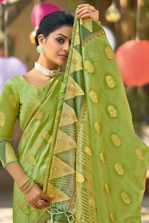 MySilkLove Peridot Green Organza Saree