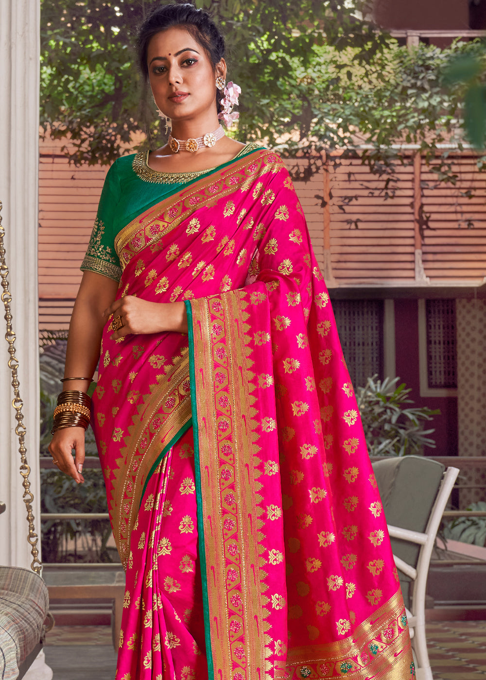 Buy MySilkLove Deep Pink and Green Zari Woven Banarasi Brocade Saree Online