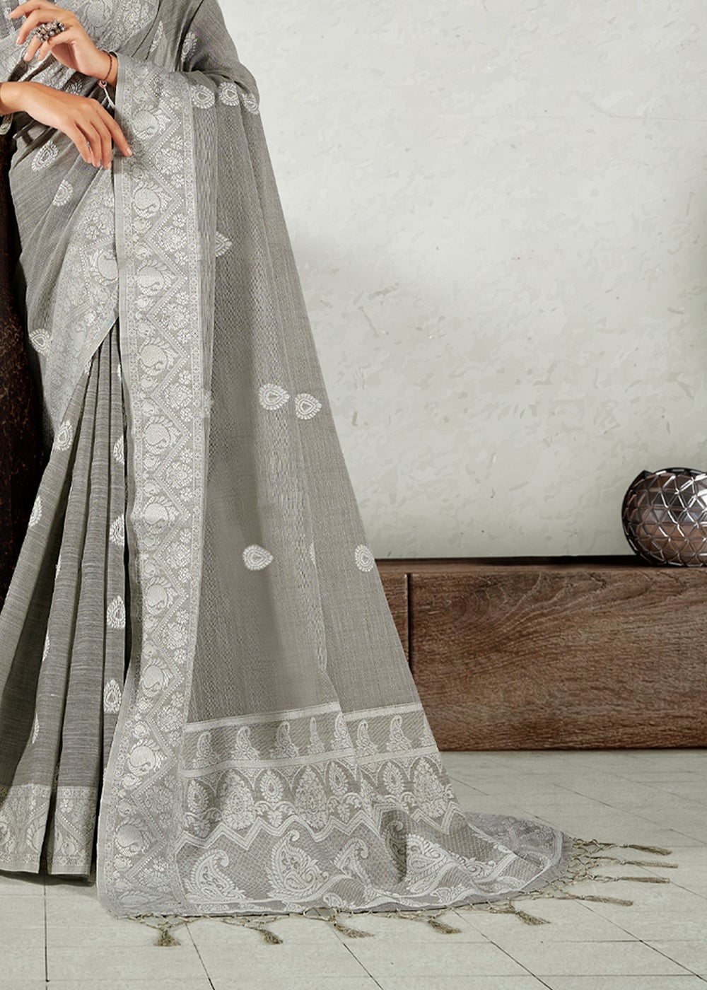 Buy MySilkLove Dawn Grey Zari Woven Linen Saree Online