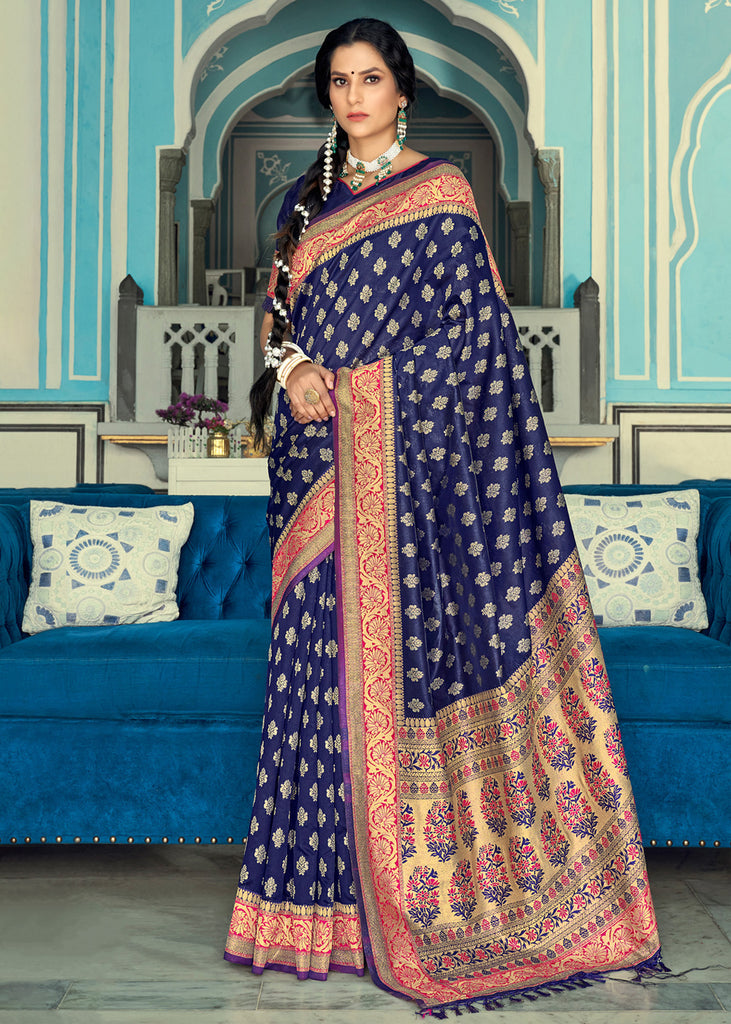 Fiord Blue and Red Zari Woven Banarasi Saree