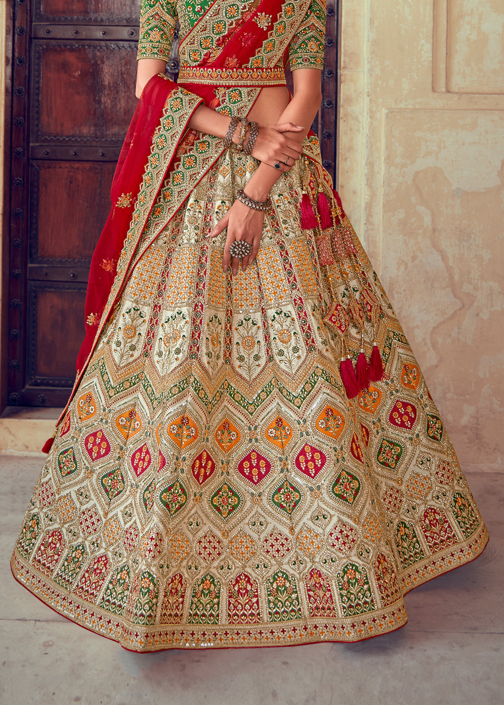 Buy MySilkLove Cognac Red and Green Heavy Embroidered Designer Lehenga Online