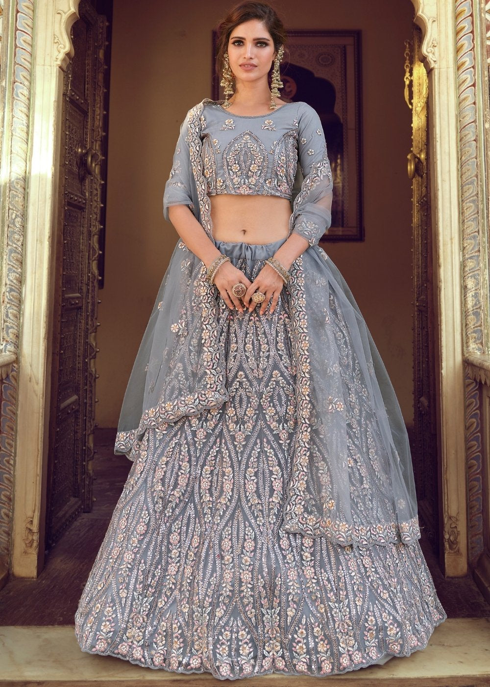 Buy MySilkLove Martini Grey Soft Net Designer Lehenga Choli Online