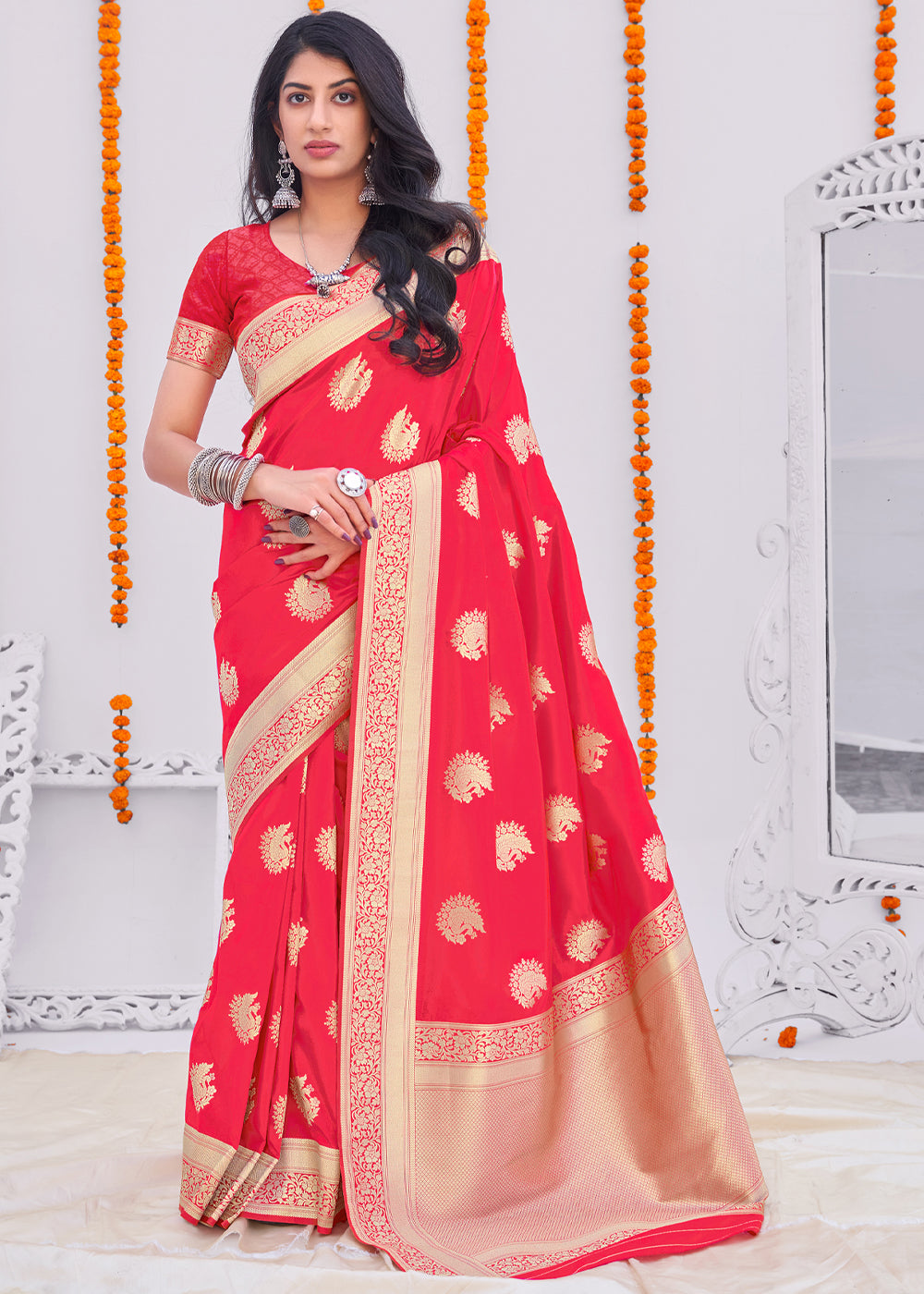 Buy MySilkLove Sunset Red Zari Woven Banarasi Silk Saree Online