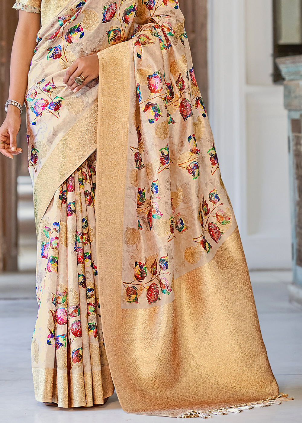 Buy MySilkLove New Orleans Cream Digital Printed Banarasi Saree Online