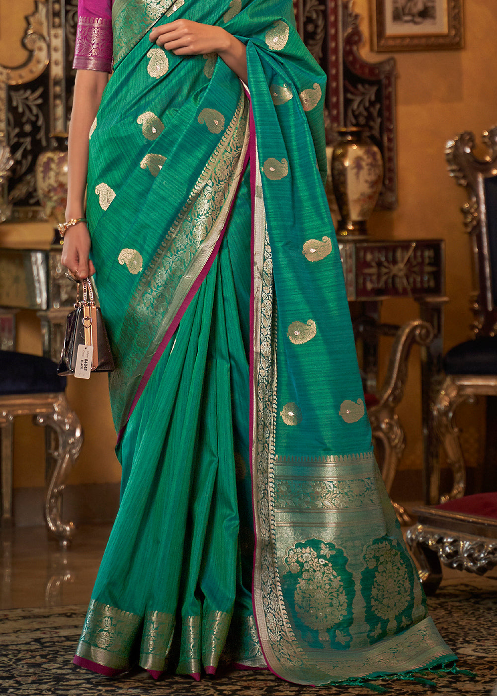 Buy MySilkLove Viridian Green and Purple Zari Woven Tussar Saree Online