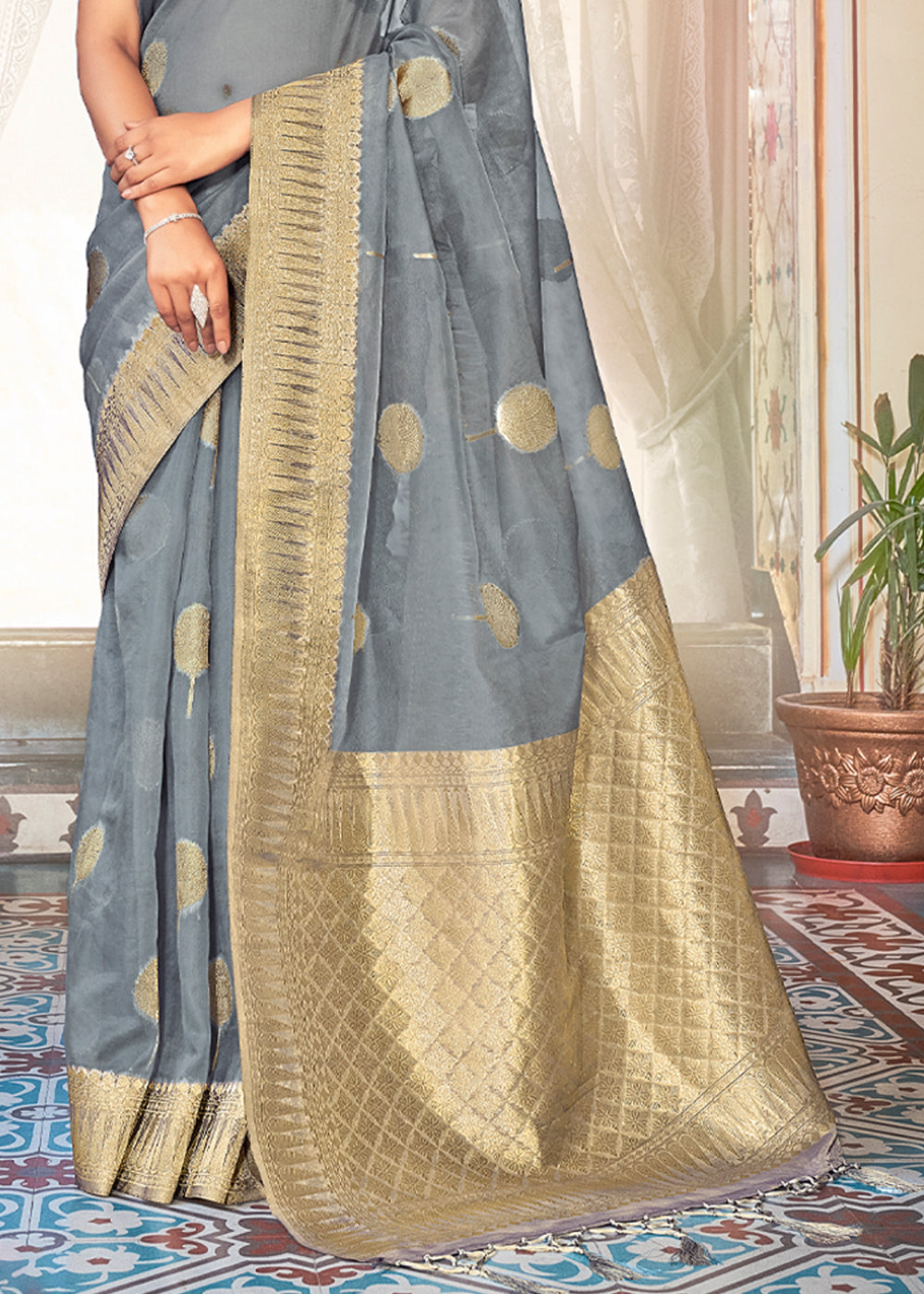 Buy MySilkLove Silver Sand Grey Zari Woven Banarasi Organza Saree Online