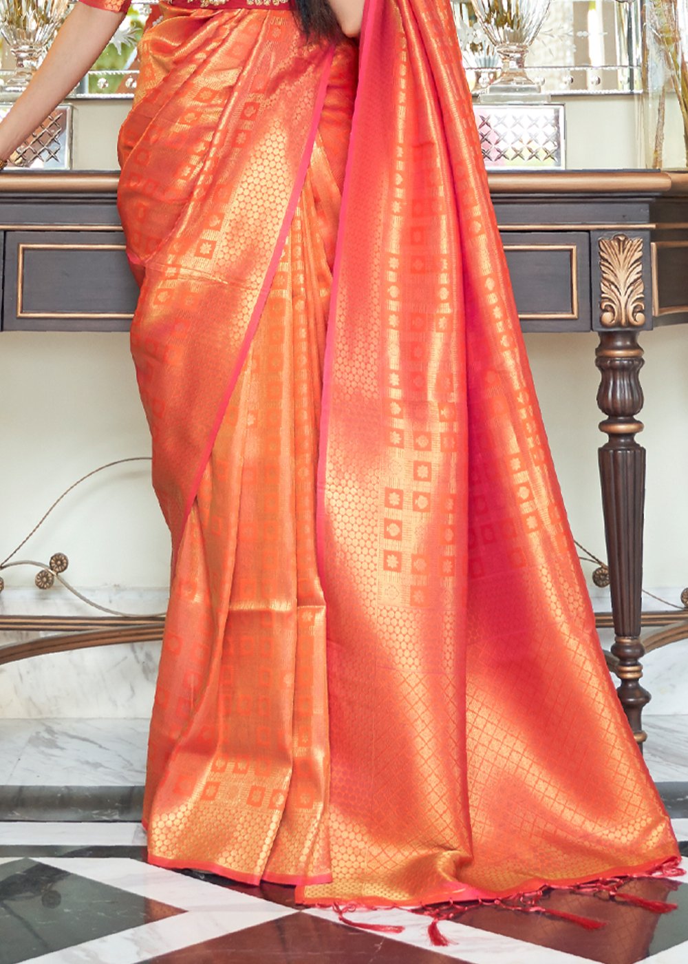 Buy MySilkLove Pearl Orange Zari Woven Kanjivaram Saree Online