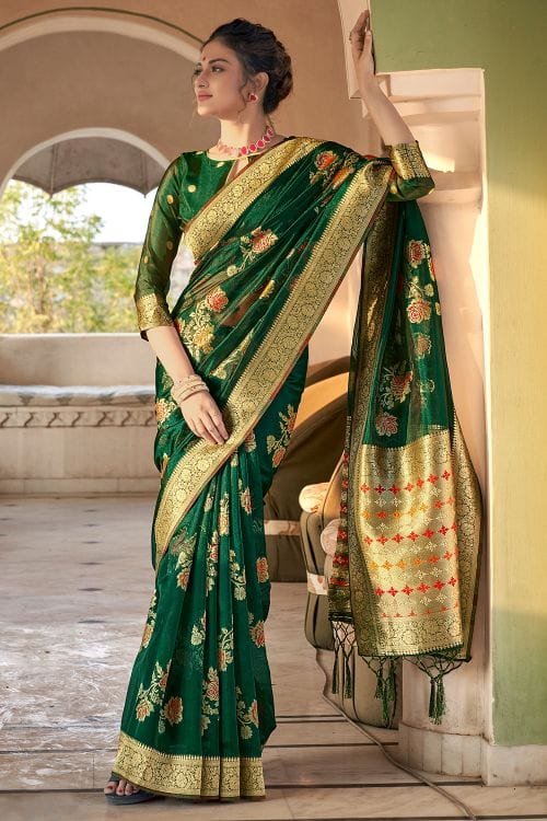 Buy MySilkLove Bush Green Organza Saree Online