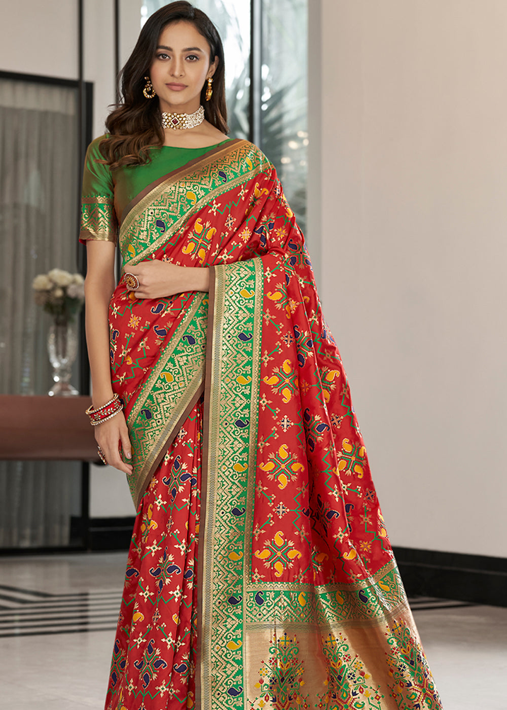 Buy MySilkLove Jasper Red and Green Zari Woven Banarasi Patola Saree Online