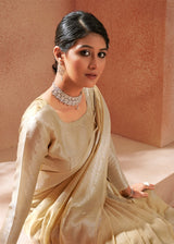Twine Cream Zari Woven Banarasi Linen Saree