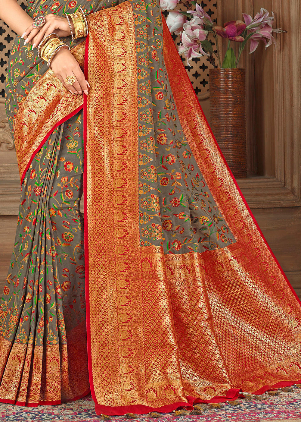 Buy MySilkLove Shadow Grey and Red Zari Woven Banarasi Saree Online